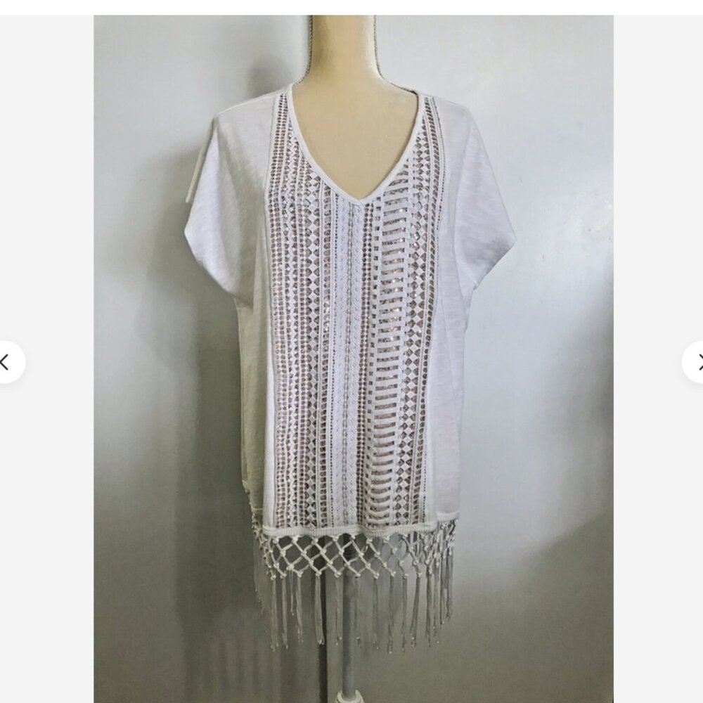 LANE BRYANT Ivory Embellished Fringe Tee Shirt Size 14/16 NWT Off White Top